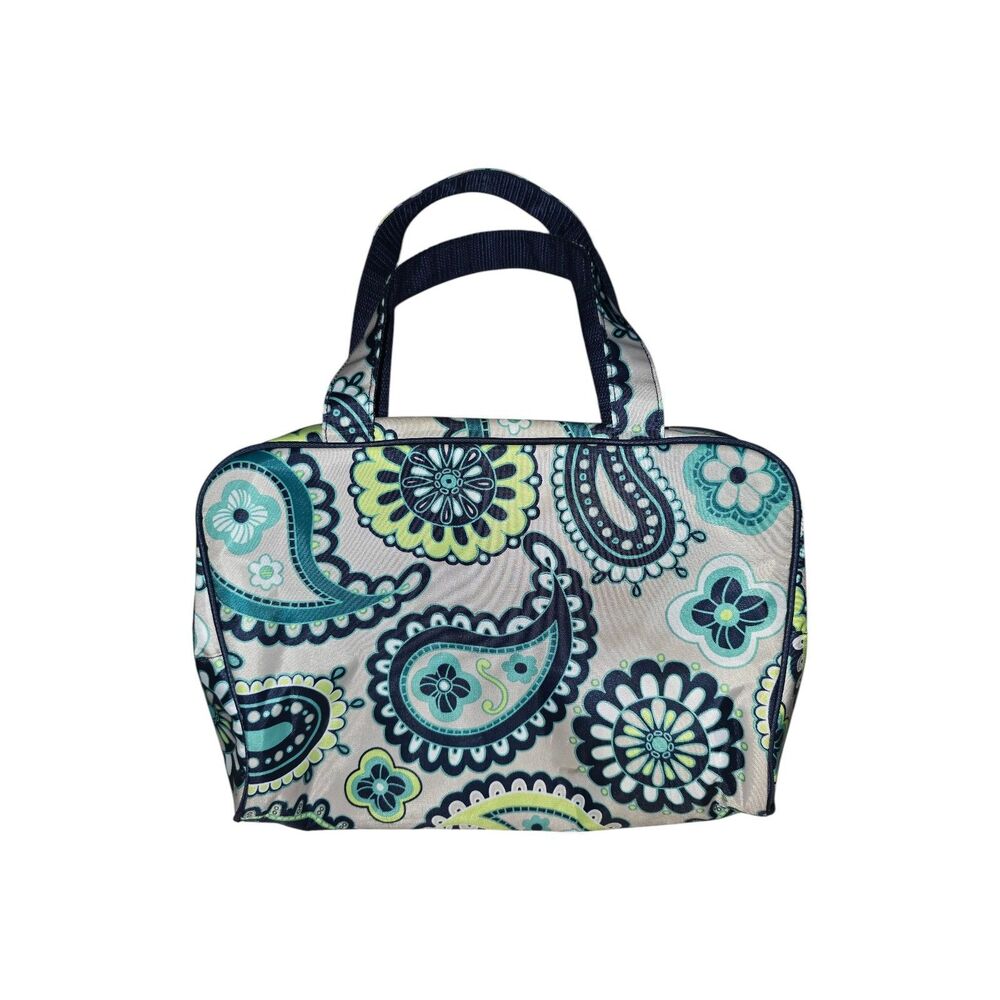 Thirty-One Handle-It Cosmetic Travel Bag Paisley Pop Organizer Teal Navy Lime